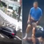Carro desgovernado atinge pedestre e o joga dentro de canal em Santos; VÍDEO