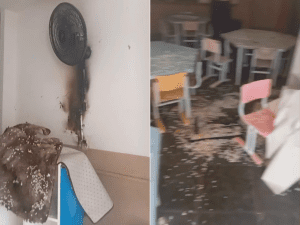 Funcionária controla princípio de incêndio com tapete em escola