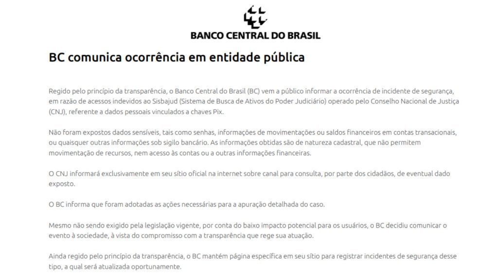 Nota oficial do Banco Central do Brasil (Foto: Reprodução)