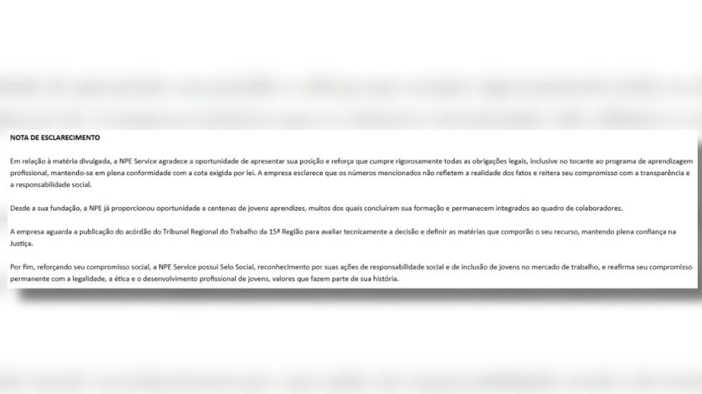 Nota oficial da empresa