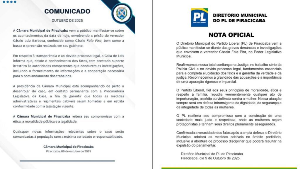 Nota oficial do diretório do PL em vereador de Piracicaba é preso por suspeita de importunação sexual