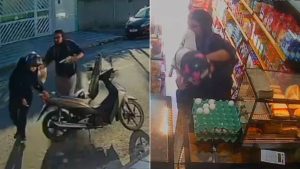 Bandido armado invade padaria e foge com moto de cliente em Praia Grande; VÍDEO