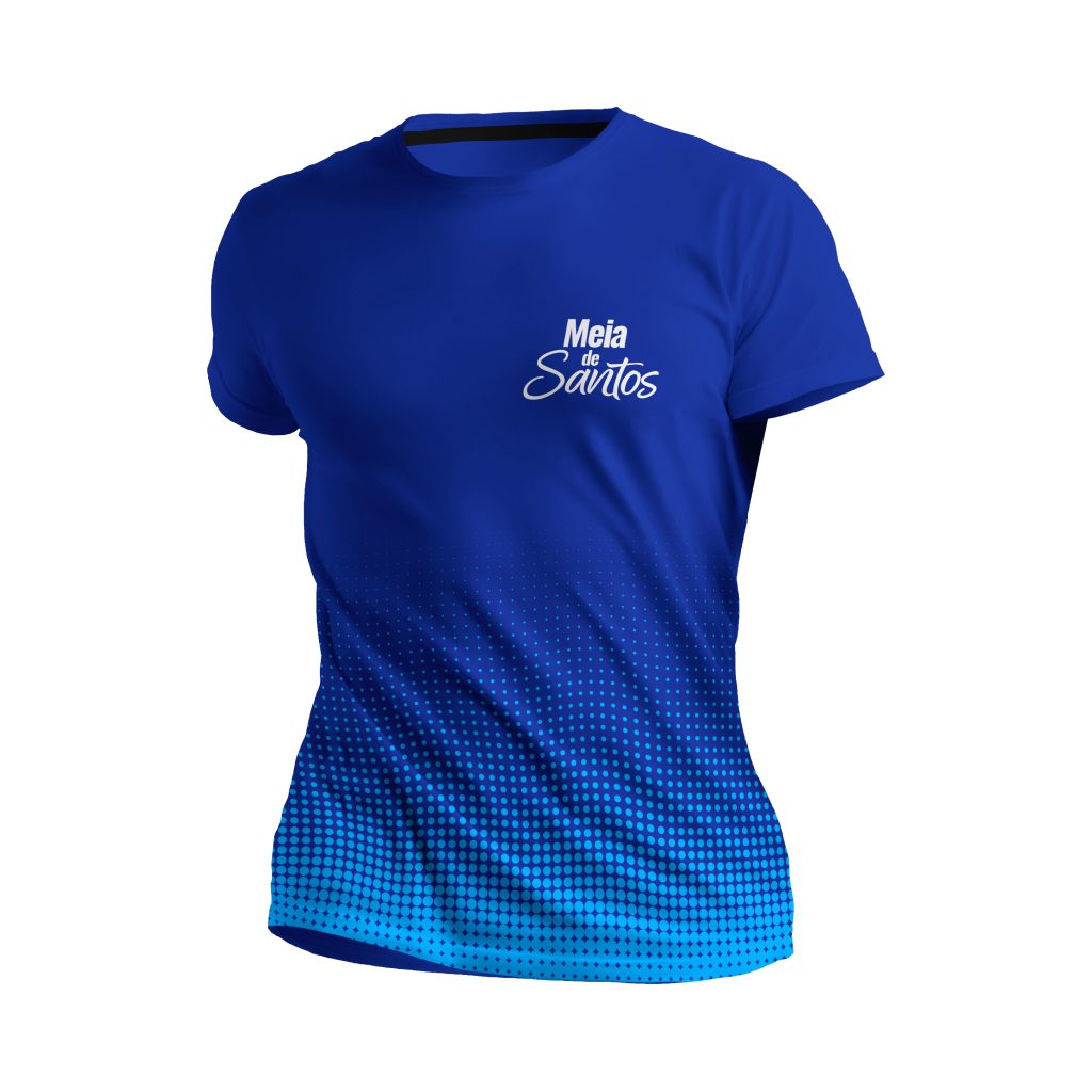 Camiseta azul-escura oficial da Meia de Santos 2026, modelo vencedor da enquete da VTV SBT.