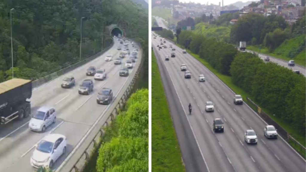Tráfego intenso atinge Rodovia Imigrantes sentido Baixada neste sábado (22) (Foto: Reprodução / Ecovias)
