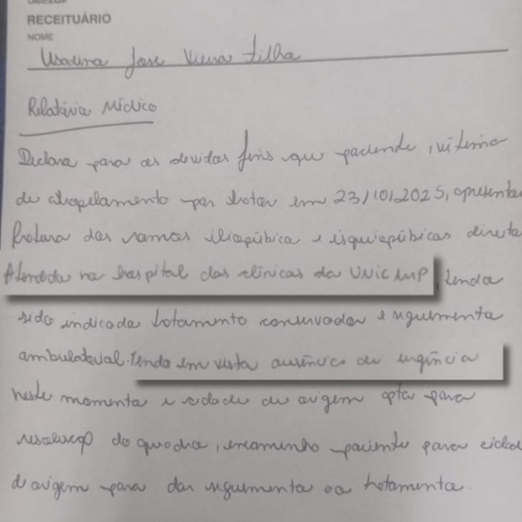 Relatório médico dado à família de Usadino cita a "ausência de urgência" e permissão para retornar ao hospital de origem