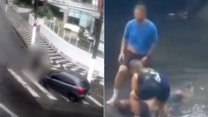 Carro desgovernado atinge pedestre e o joga dentro de canal em Santos; VÍDEO