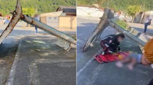 Menina de 7 anos fica ferida após ponto de ônibus desabar em Praia Grande; VÍDEO