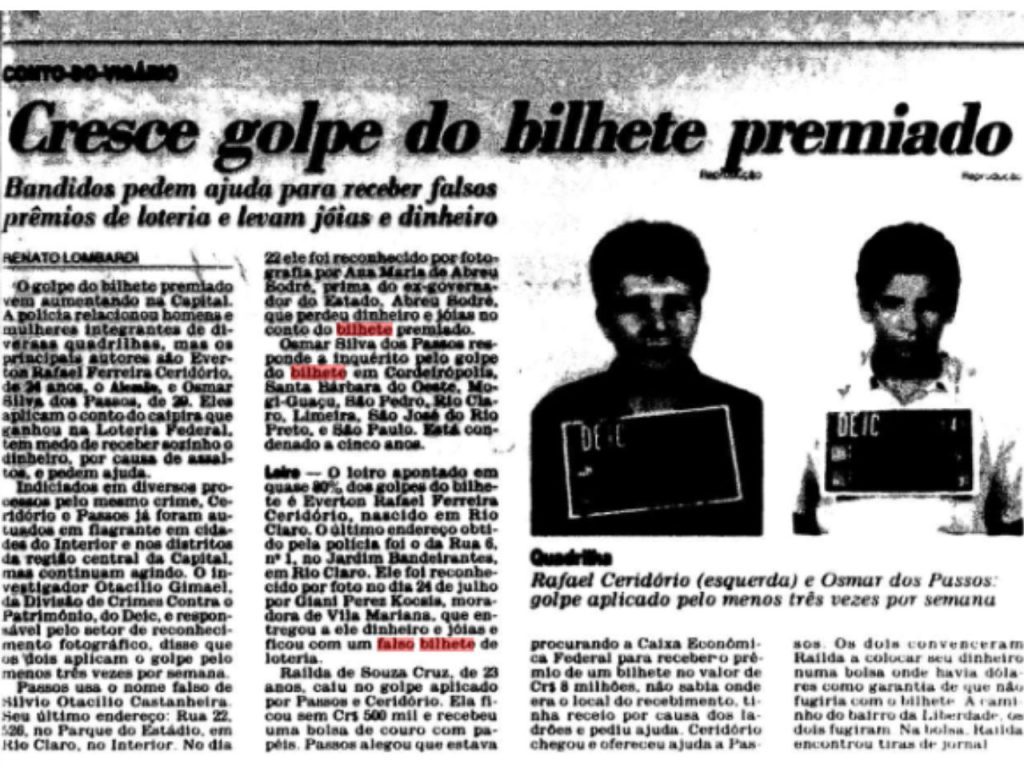 Manchete de agosto de 1992 do Jornal Estado de S. Paulo, alertando sobre o golpe do bilhete premiado (Imagem: Reprodução / Acervo Estado de S. Paulo)