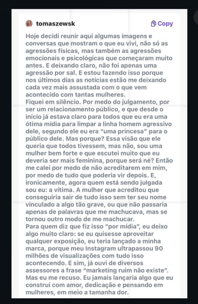 Marcela Tomaszewisk volta a falar sobre as agressões sofridas por Dado Dolabella