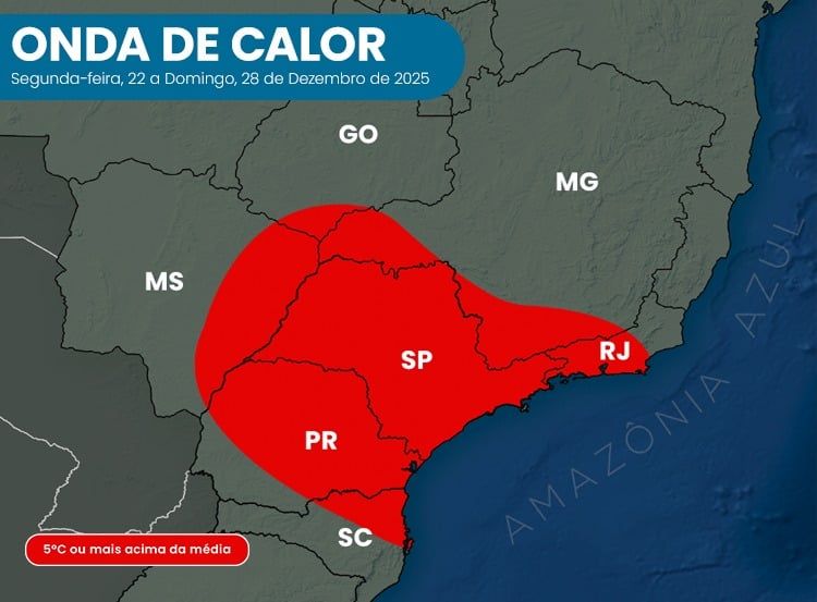 Onda de calor se intensifica no Brasil e deve elevar temperaturas no Natal (Imagem: Reprodução / Climatempo)