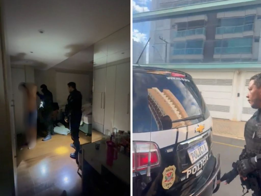 Policiais civis em operação em Piracicaba durante a prisão de trio suspeito de fraudes digitais e golpes.