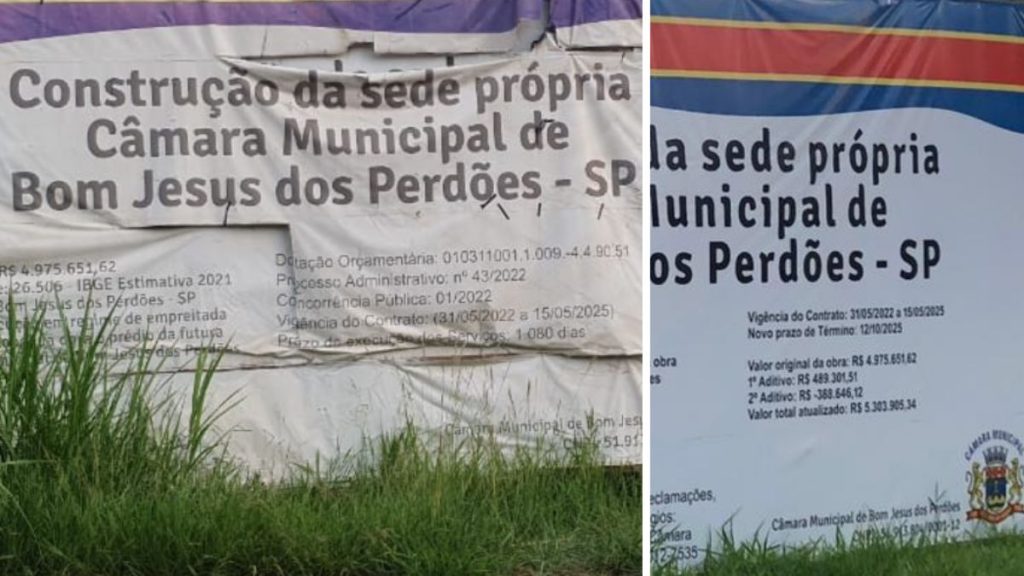 Placa oficial da obra da Câmara de Bom Jesus dos Perdões exibindo dados da licitação e prazos de execução.