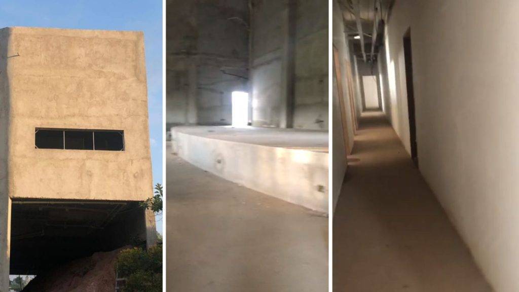 Interior da obra da Câmara de Bom Jesus dos Perdões com salas e gabinetes em estrutura de alvenaria inacabada.