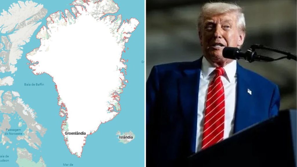 Mapa da Groenlândia no Ártico destacando o interesse estratégico e territorial dos Estados Unidos.