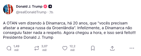 Captura de tela de postagem de Donald Trump no Truth Social defendendo a anexação da Groenlândia.