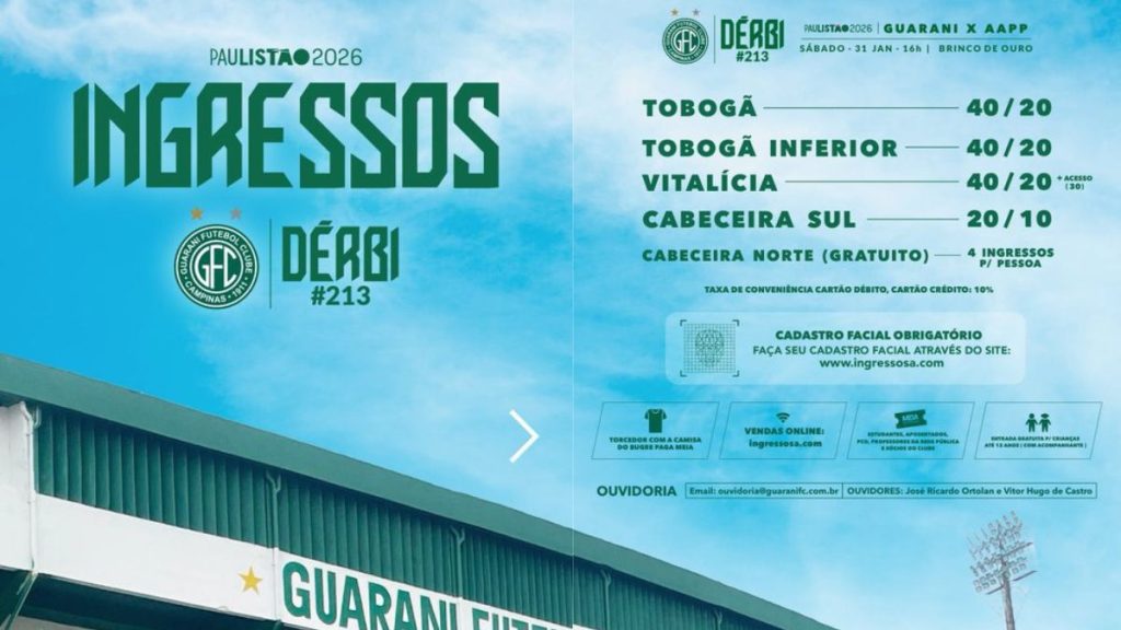 Cartaz promocional do Dérbi 213 entre Guarani e Ponte Preta destacando a venda de ingressos para o clássico.