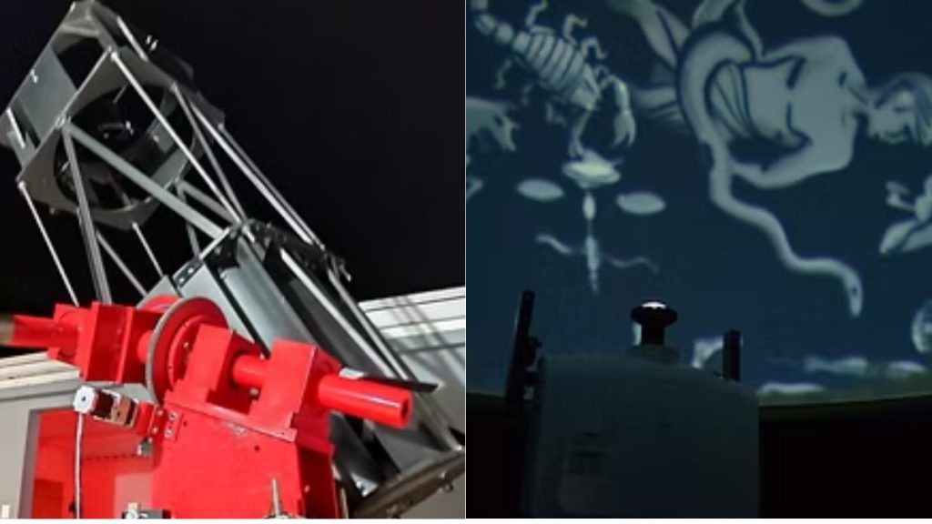 Fachada moderna do Polo Astronômico de Amparo com infraestrutura preparada para receber grupos de estudantes.