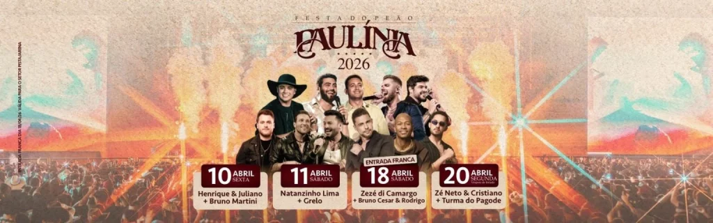 Vista geral da arena da Festa do Peão de Paulínia 2026 com grande público e palco iluminado ao fundo.