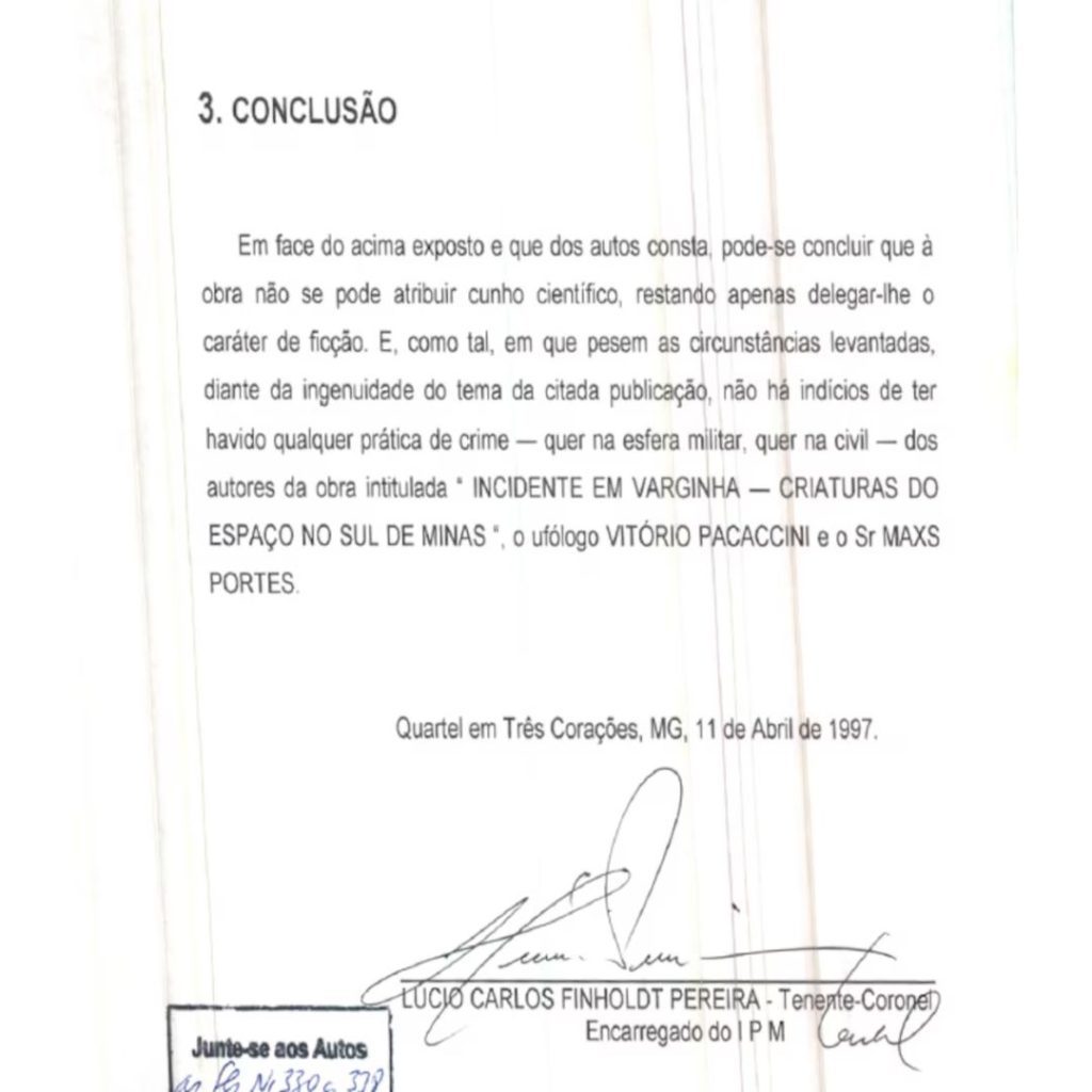 Ao fim do relatório assinado pelo Tenente-Coronel Lúcio Carlos Finholdt, afirmou tratar-se somente de ficcção (Foto: Reprodução / STM)