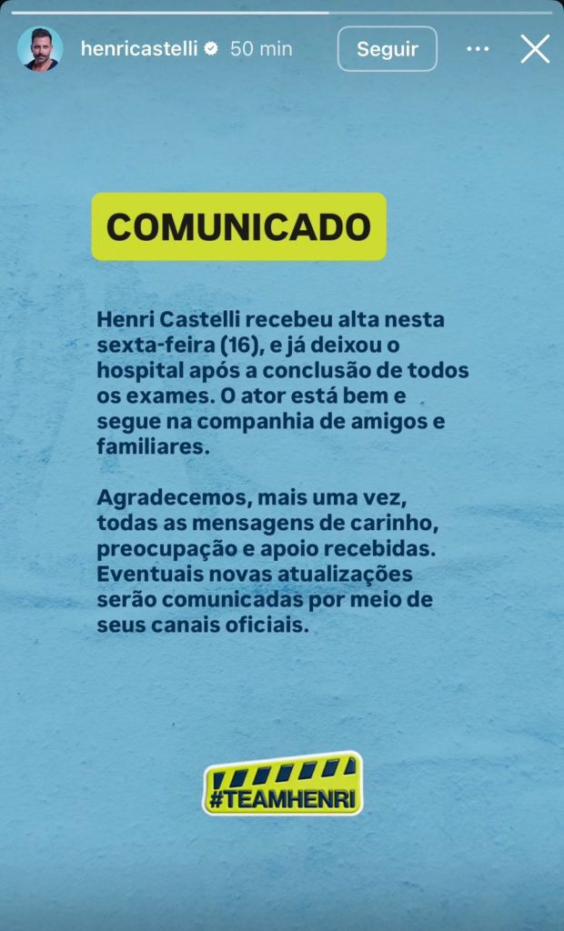 Ator Henri Castelli em casa após alta hospitalar, agradecendo o carinho do público e mensagens de apoio.