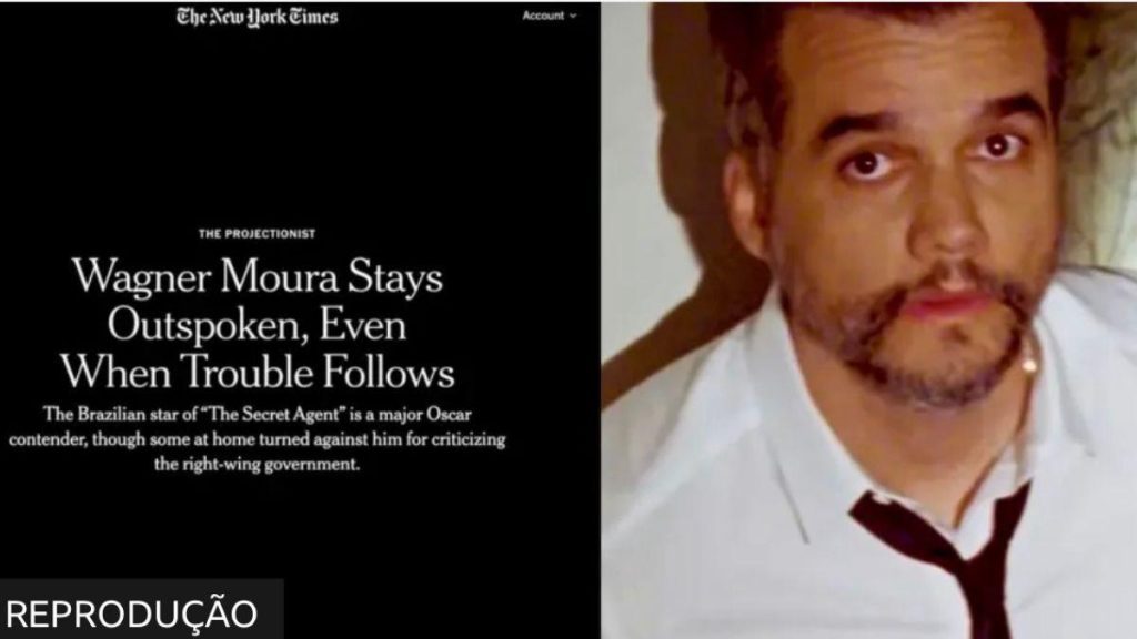 Retrato do ator Wagner Moura com expressão séria, em destaque para reportagem do New York Times sobre cinema brasileiro.