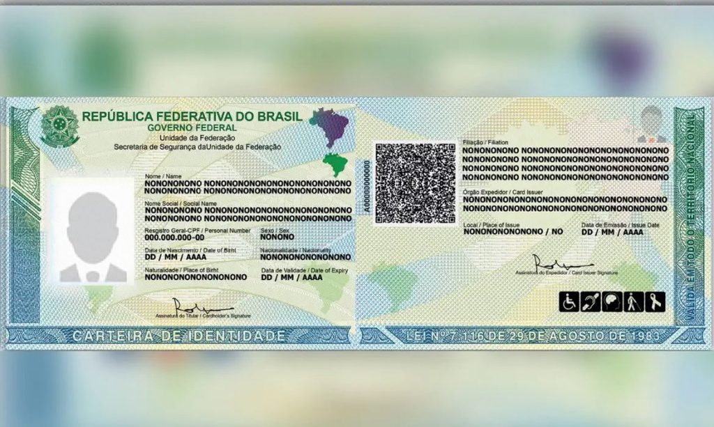 Frente e verso da nova Carteira de Identidade Nacional (CIN) com destaque para o QR Code e o número do CPF.