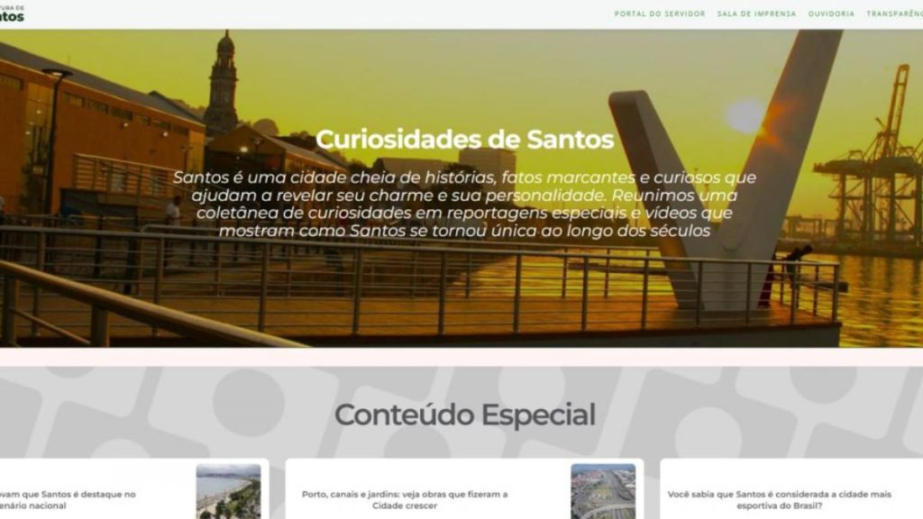 Interface do hotsite interativo de 480 anos de Santos com mural de personagens e contagem regressiva.