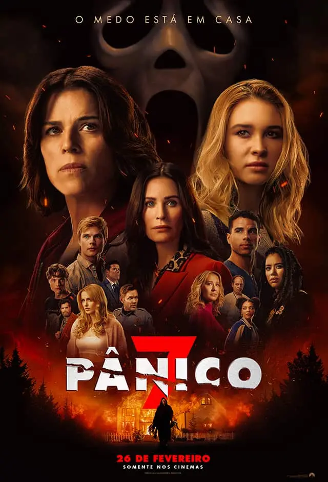 Cartaz oficial de Pânico 7 destacando o retorno da final girl icônica para a estreia nos cinemas brasileiros.