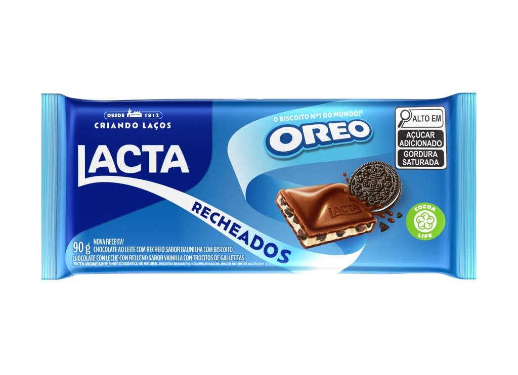 Barra de chocolate Lacta recheada com Oreo, opção de chocolate crocante para o mercado da Páscoa 2026.