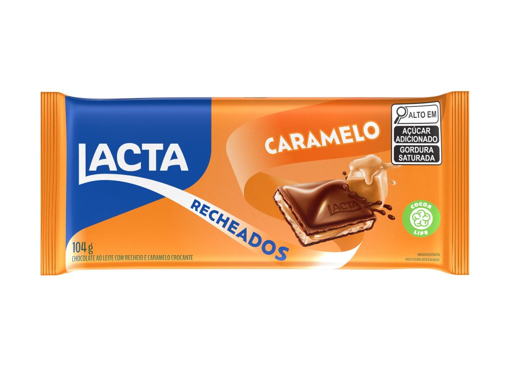 Barra de chocolate Lacta recheada com caramelo, lançamento premium e tendência para a Páscoa 2026.