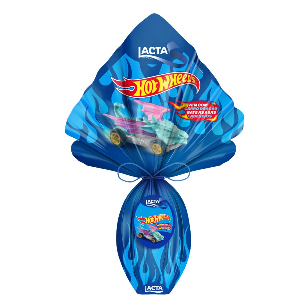 Ovo de Páscoa Lacta Hot Wheels 166g, destaque em ovos licenciados e personagens para a Páscoa 2026.