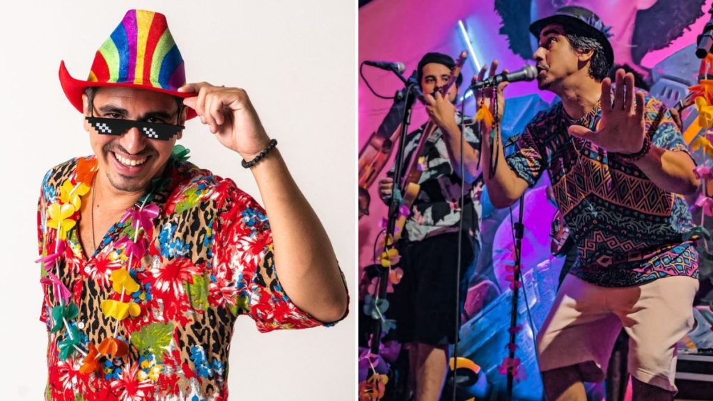 Foliões celebrando no Bloco do Alencikas durante o Carnaval de Santos em evento de rua animado.