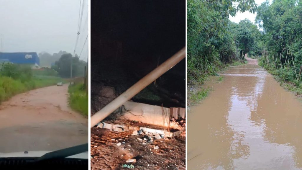 Postes caídos e ruas alagadas em Bom Jesus dos Perdões após chuva forte que atingiu o estado de São Paulo.