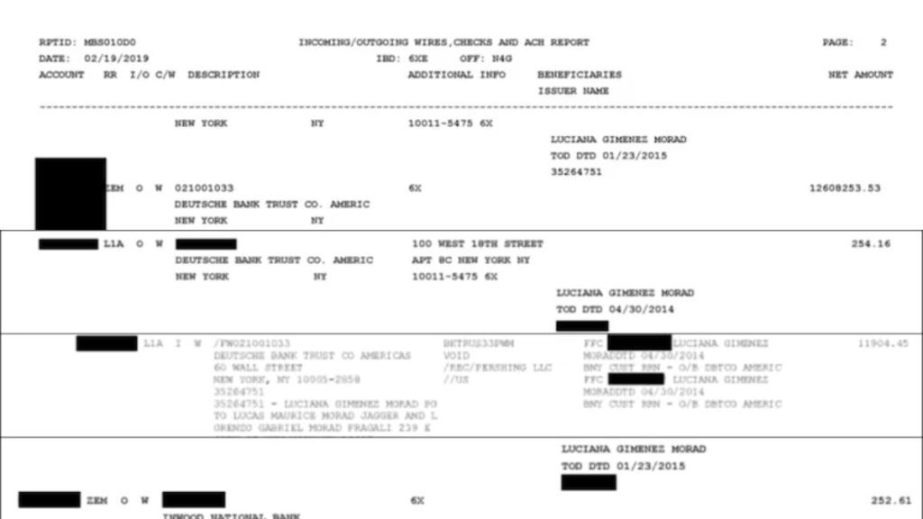 Registro de transferência financeira citando apresentadora famosa nos documentos oficiais do Caso Jeffrey Epstein.