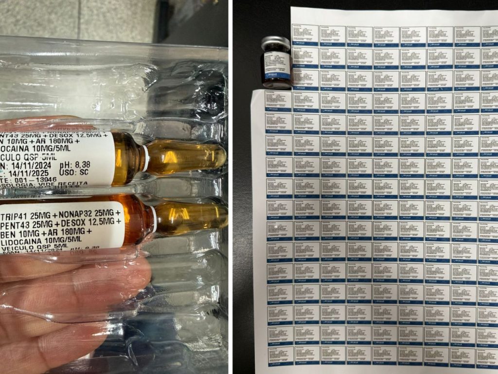 Medicamentos injetáveis apreendidos em clínica clandestina após prisão de farmacêutica em Campinas.
