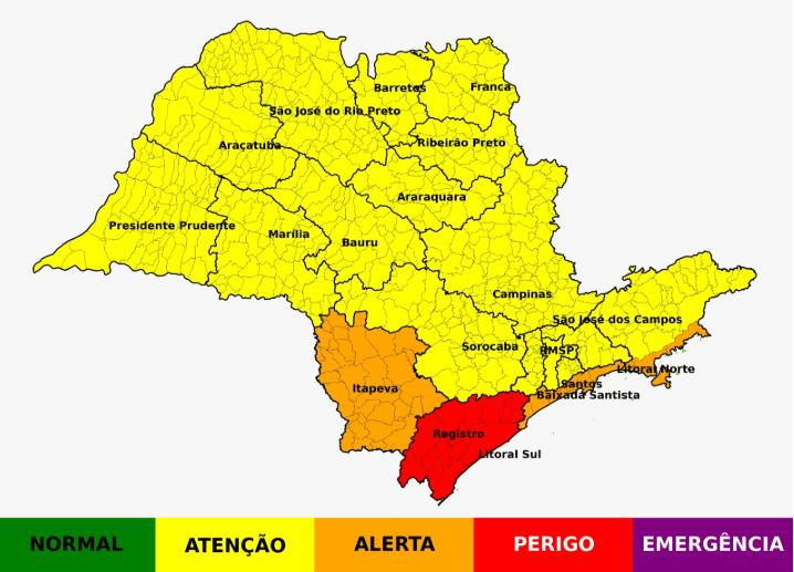 Monitoramento da Defesa Civil para chuvas intensas no Litoral Paulista, Vale do Ribeira e região de Itapeva.