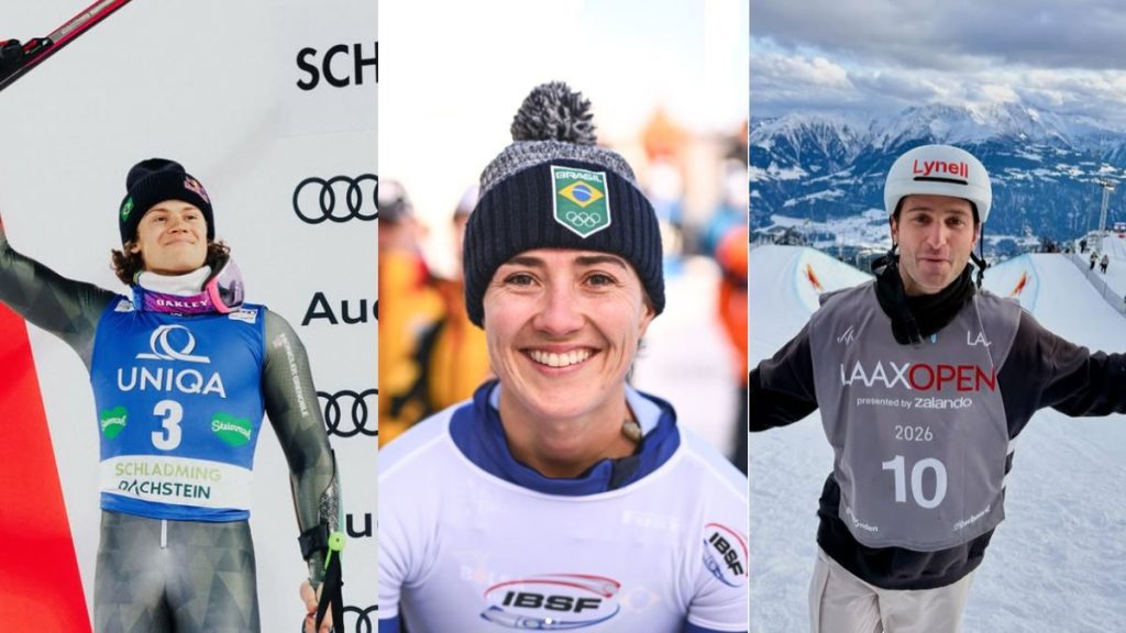 Montagem fotográfica destacando os atletas brasileiros Lucas Pinheiro Braathen, Nicole Silveira e Pat Burgener.