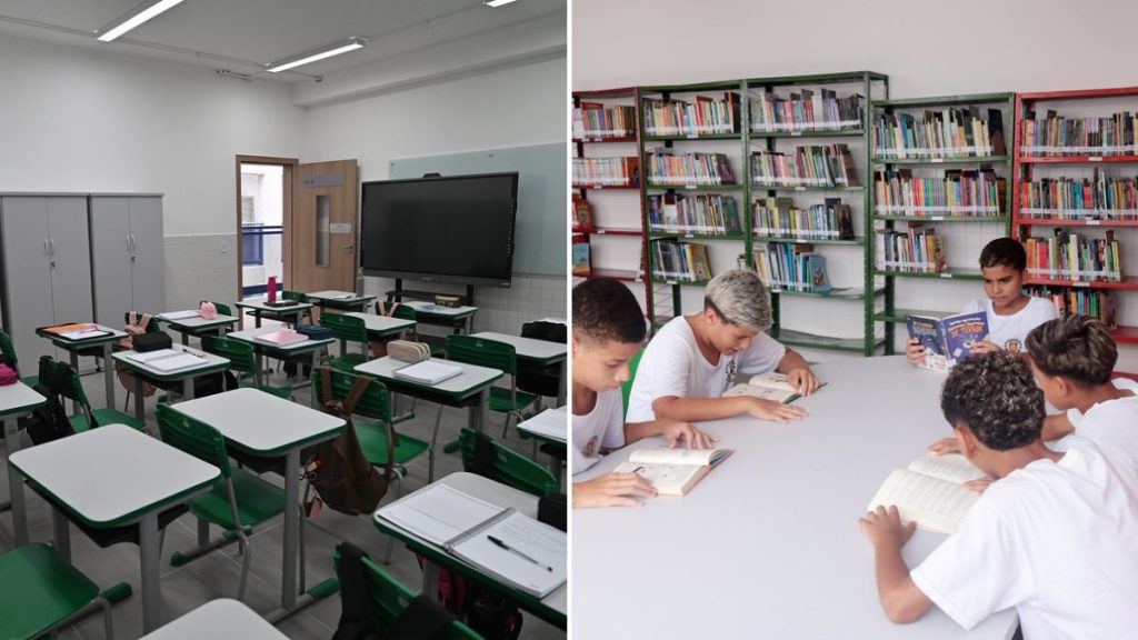 Fachada da UME Edson Arantes do Nascimento inaugurada no Gonzaga, Santos, em homenagem ao Rei Pelé.