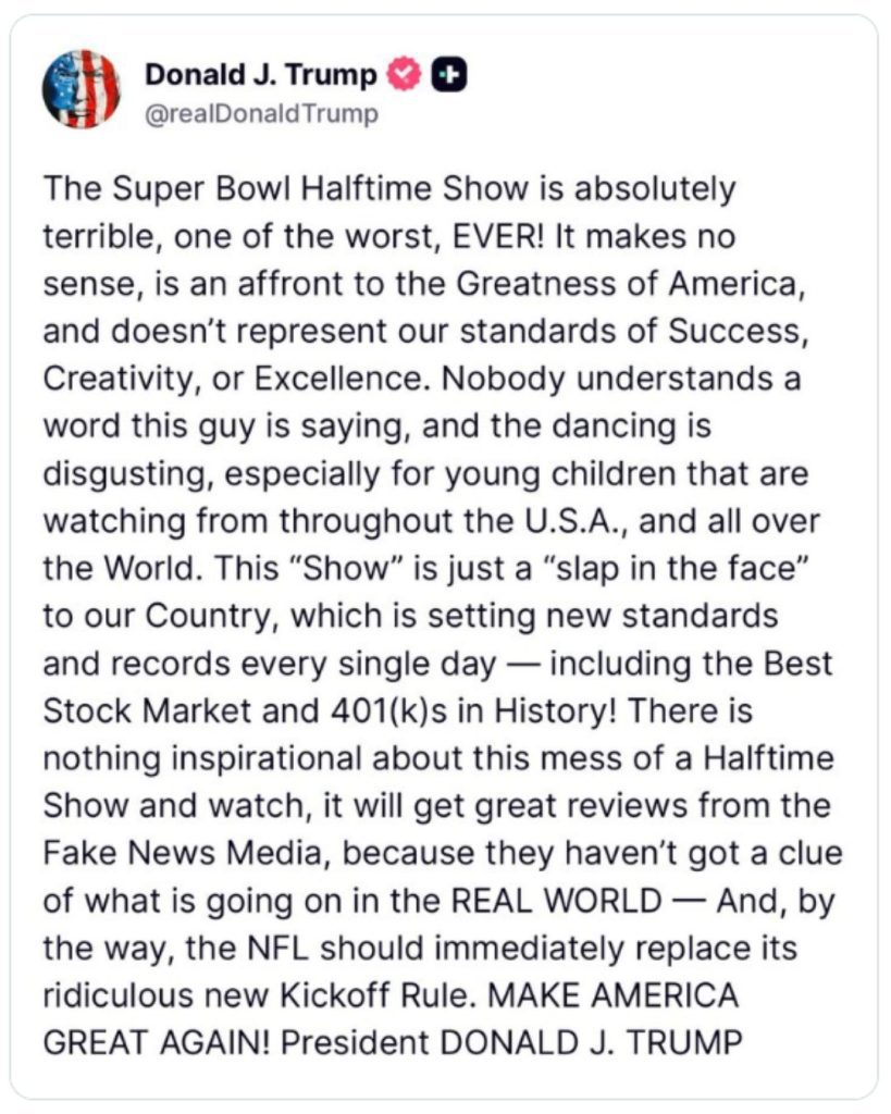 Publicação de Donald Trump no Truth Social criticando show de Bad Bunny no intervalo do Super Bowl LX.