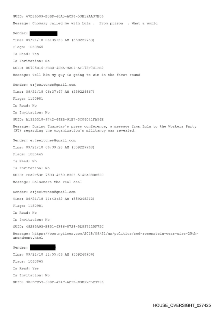 Documento do Caso Jeffrey Epstein citando nomes de políticos brasileiros em registros oficiais liberados pela justiça.