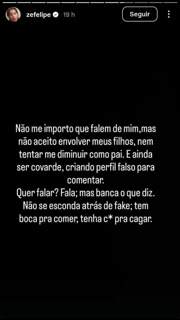 Captura de tela de story do cantor Zé Felipe com texto sobre defesa da paternidade e críticas a perfis fakes.