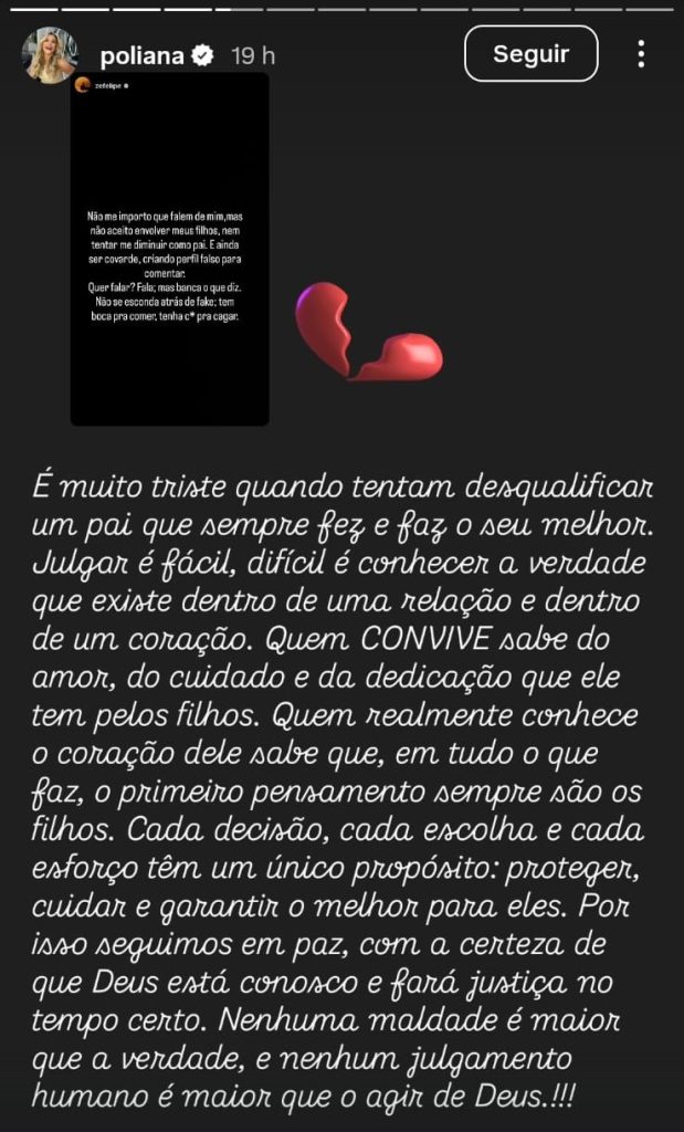 Story de Poliana Rocha com mensagem de apoio ao filho Zé Felipe, destacando sua dedicação como pai.