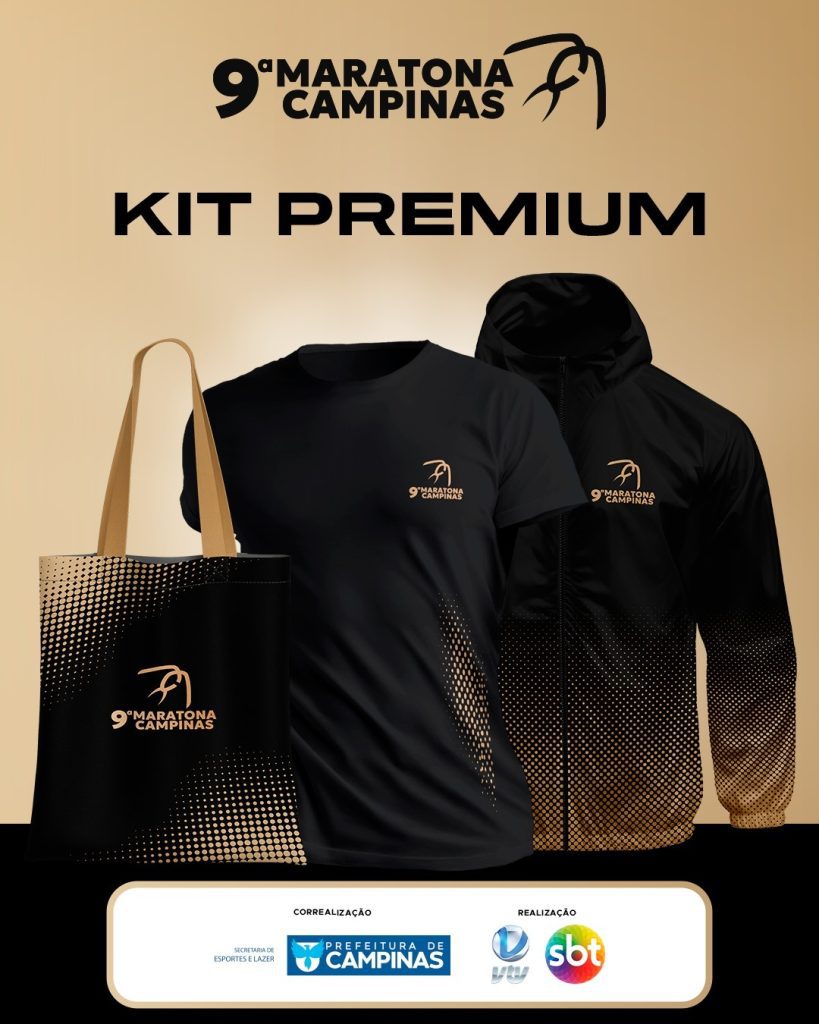Kit premium da 9ª Maratona de Campinas 2026 com camiseta, mochila, viseira e acessórios exclusivos para maratonistas.