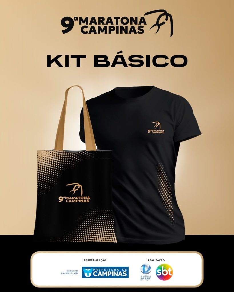 Kit básico da 9ª Maratona de Campinas 2026 contendo camiseta oficial, número de peito e itens para atletas.
