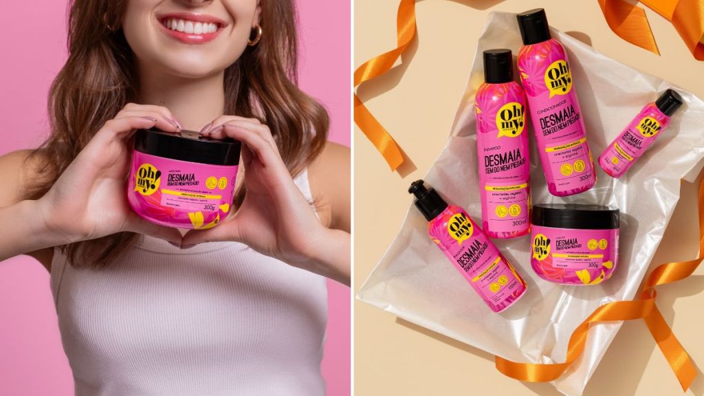 Produtos da linha Oh My para tratamento de cabelo desmaiado focados em hidratação profunda e fios macios.