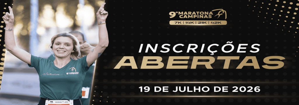 Atletas na largada da 9ª Maratona de Campinas marcando o início das inscrições para percursos de 7km a 42km.