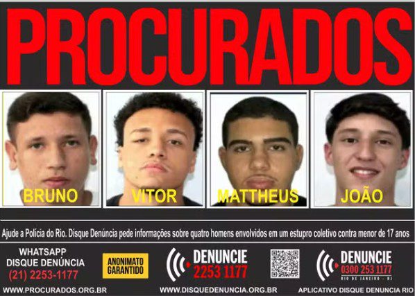 Cartaz do Portal dos Procurados com fotos dos quatro suspeitos de estupro coletivo em Copacabana, Rio de Janeiro.