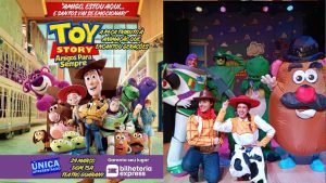 Personagens Woody e Buzz no espetáculo Toy Story Amigos Para Sempre no Teatro Guarany em Santos.