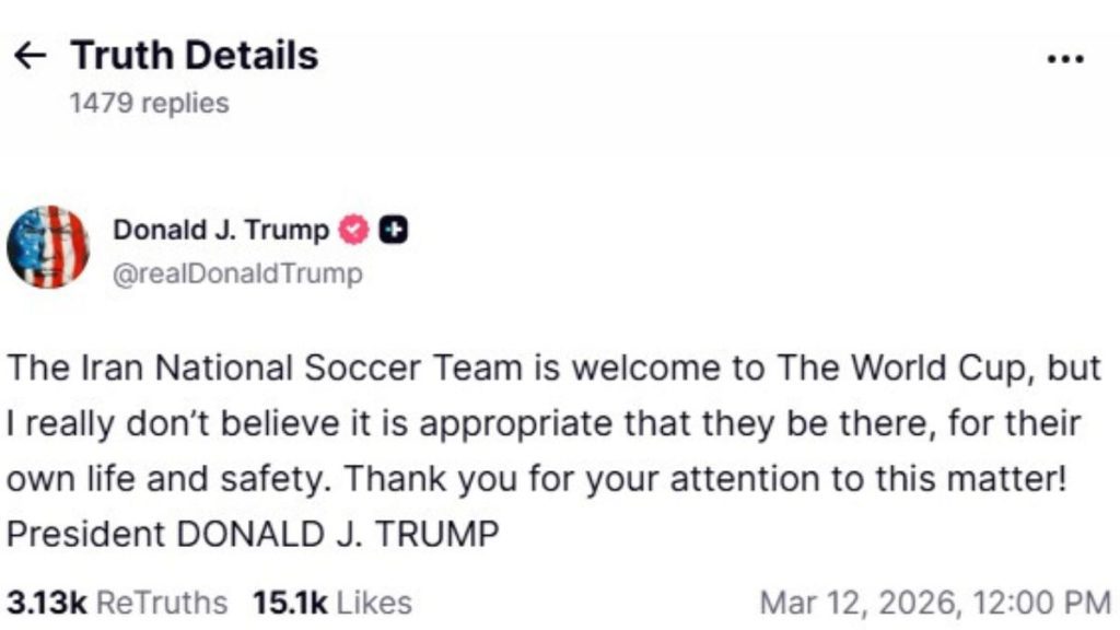 Donald Trump em pronunciamento oficial sobre a presença da seleção do Irã na Copa do Mundo de futebol.