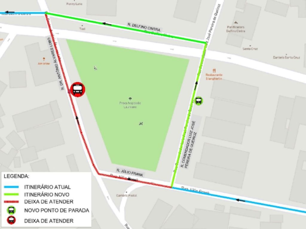 Mapa do novo itinerário de seis linhas de ônibus no Centro de Campinas, detalhando desvios pelas obras do Piscinão.